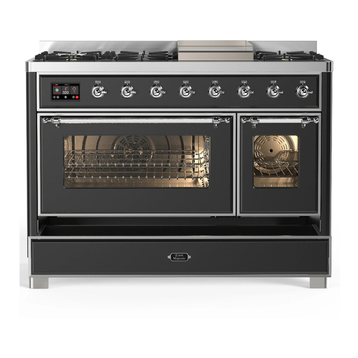Graphite dual fuel range with chrome trim, 5 burners, and ovens closed with glass windows