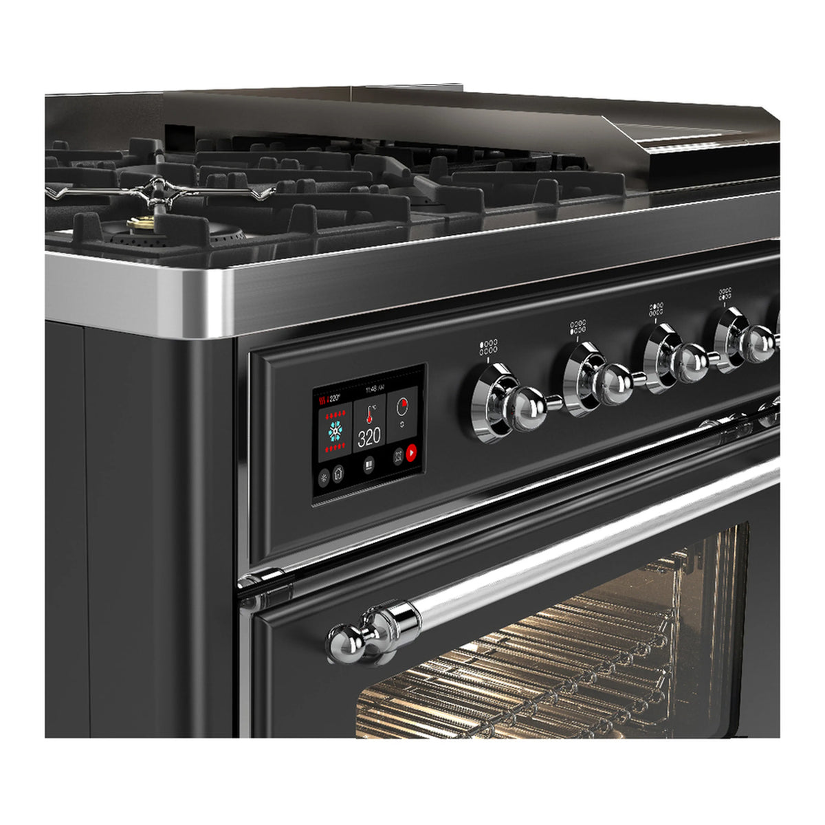 Graphite dual fuel range control panel with knobs and open oven interior with wire racks