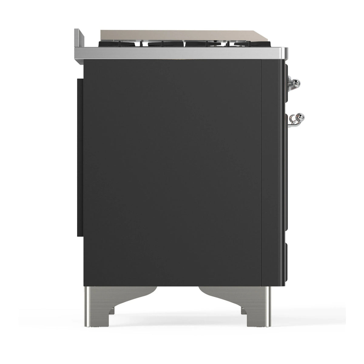 Graphite side panel of dual fuel range with chrome supports and burner platform