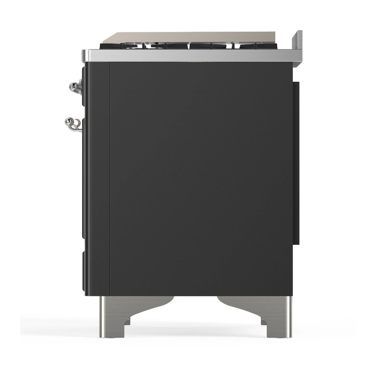 Graphite side panel of dual fuel range with chrome feet and side handles