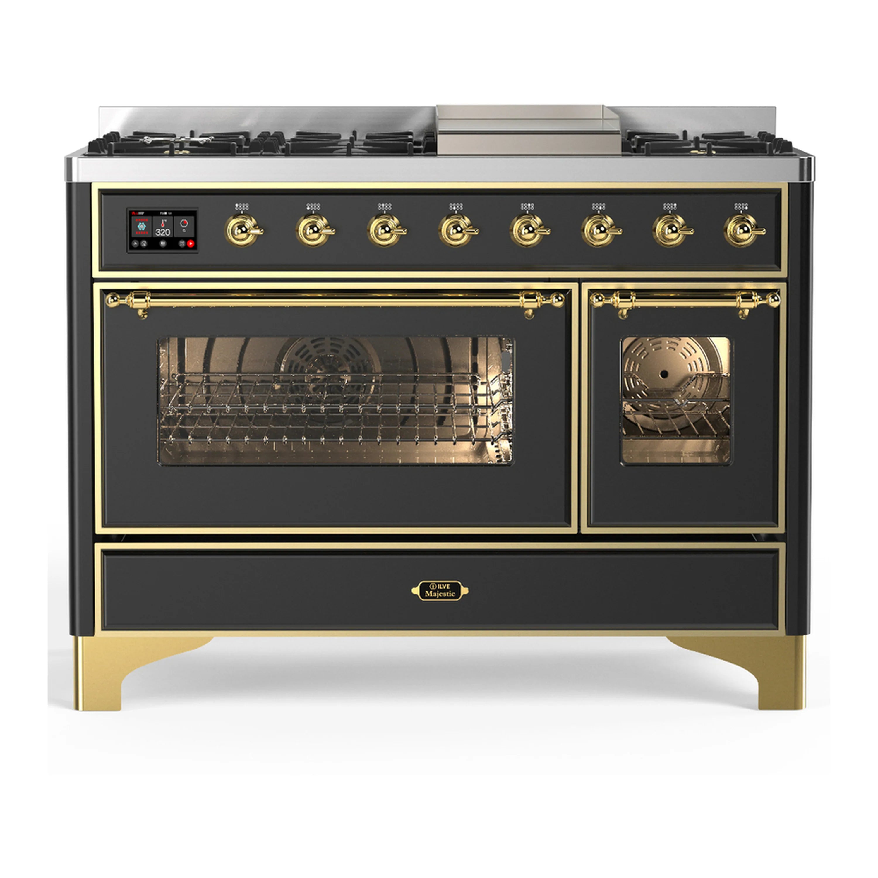 Graphite matte dual fuel range with brass trim; cooktop burners and dual oven doors