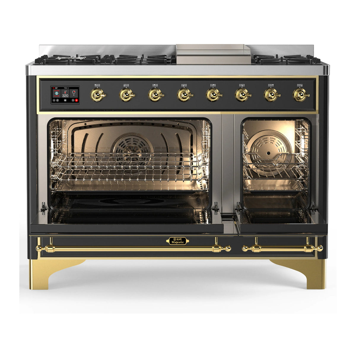 Graphite matte dual fuel range with brass trim; cooktop burners and two open oven doors