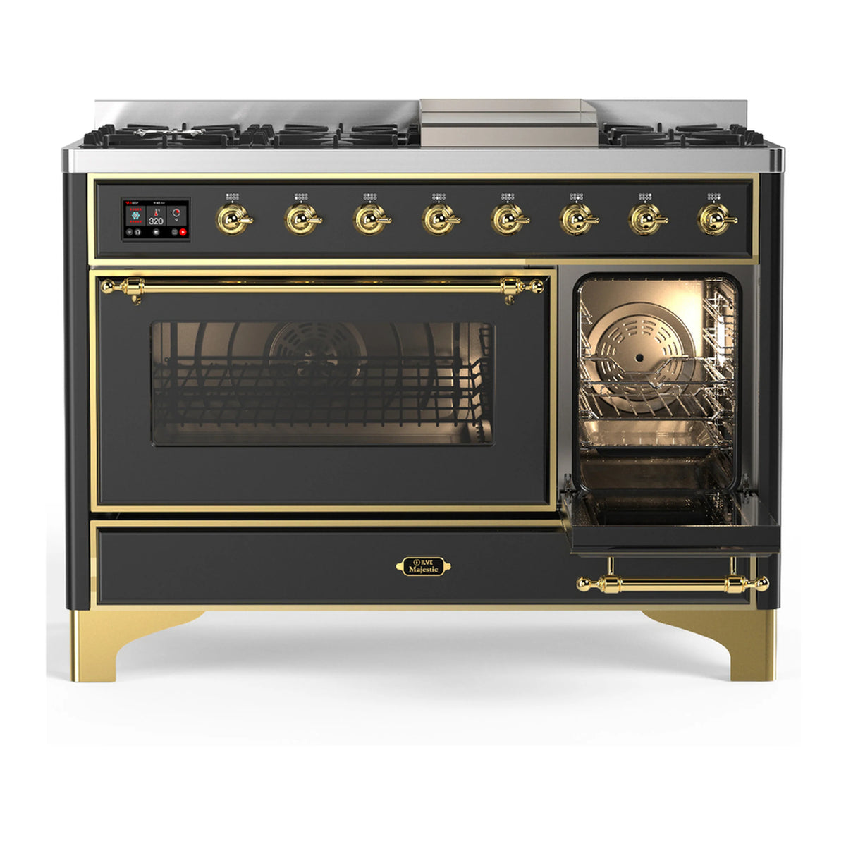 Graphite matte dual fuel range with brass trim; large oven window and smaller oven door open