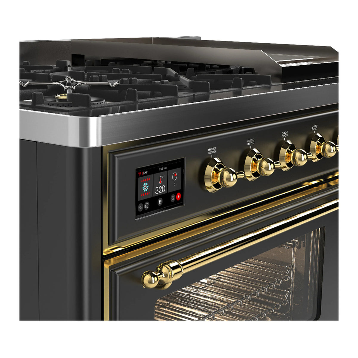 Graphite matte range with brass control knobs and display; oven door with glass window