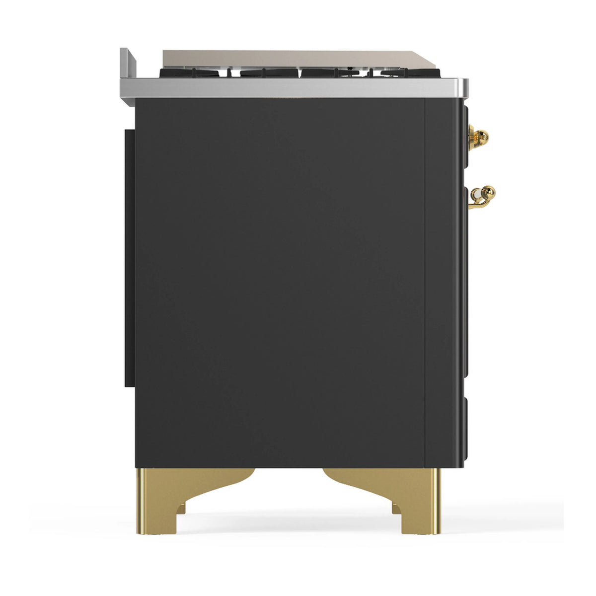 Graphite matte dual fuel range side panel with brass base legs
