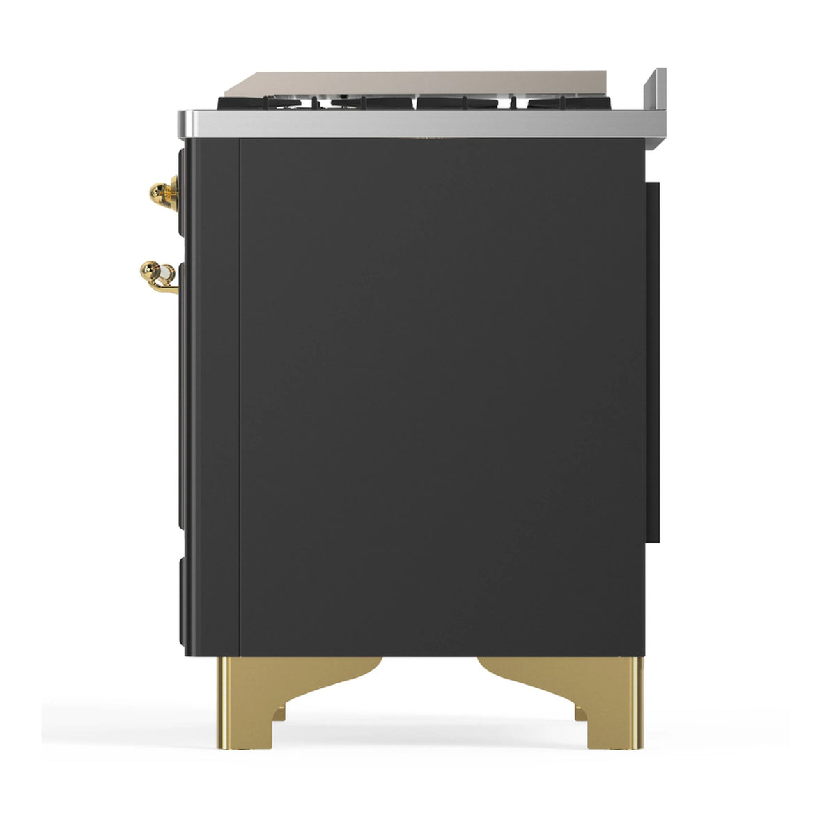 Graphite matte dual fuel range rear side panel with brass trim and base legs