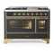 ILVE Majestic III 48-inch Dual Fuel Range with 5 Liquid Propane Burner, Griddle and Triple Glass Door Electric Oven in Graphite Matte with Brass Trim (UM48FNR3MGGLP)