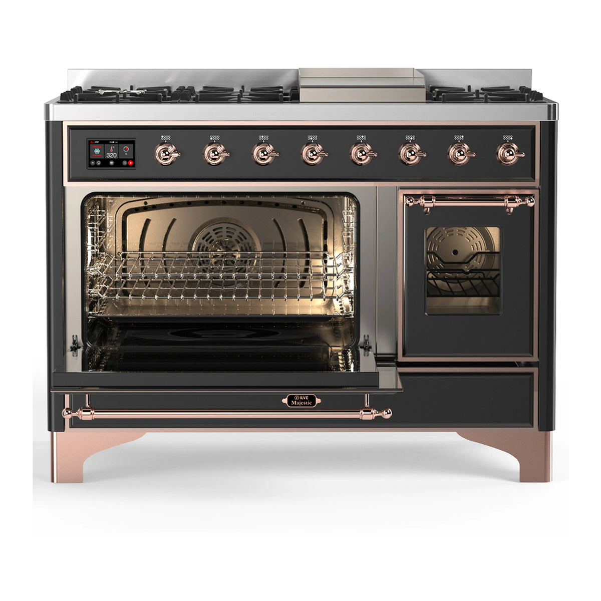 ILVE graphite dual fuel range with main oven open, rack visible, and side oven door ajar