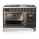 ILVE Majestic III 48-inch Dual Fuel Range with 5 Liquid Propane Burner, Griddle and Triple Glass Door Electric Oven in Graphite Matte with Copper Trim (UM48FNR3MGPLP)