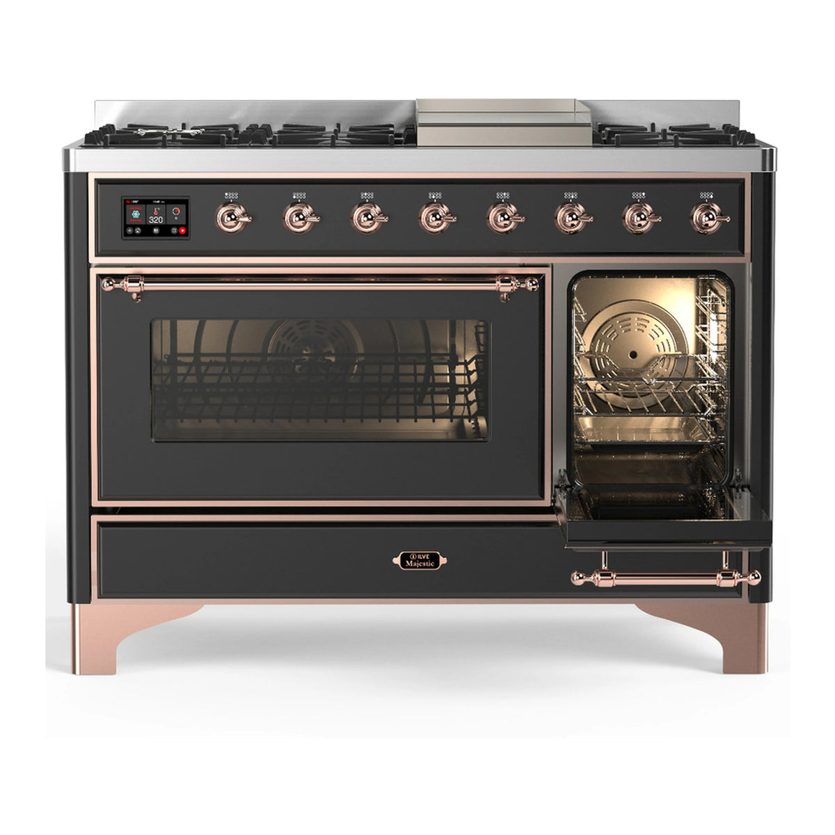 ILVE graphite dual fuel range with 5 gas burners, griddle, and twin oven doors open