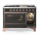 ILVE Majestic III 48-inch Dual Fuel Range with 5 Liquid Propane Burner, Griddle and Triple Glass Door Electric Oven in Graphite Matte with Copper Trim (UM48FNR3MGPLP)