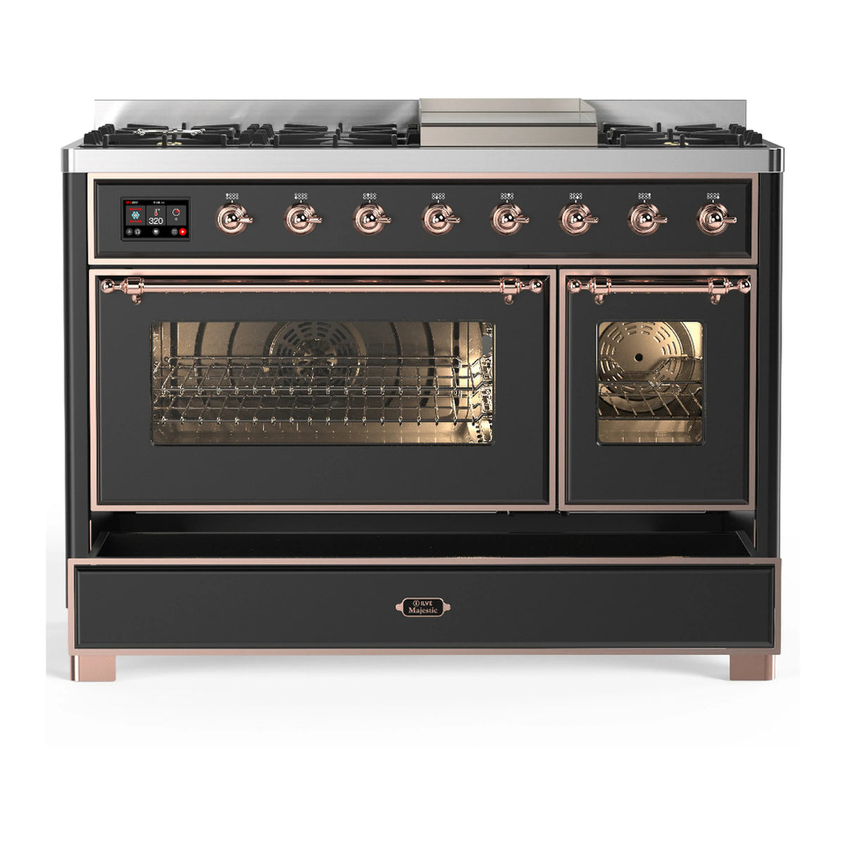 ILVE graphite dual fuel range with oven door open and grates visible in main cavity