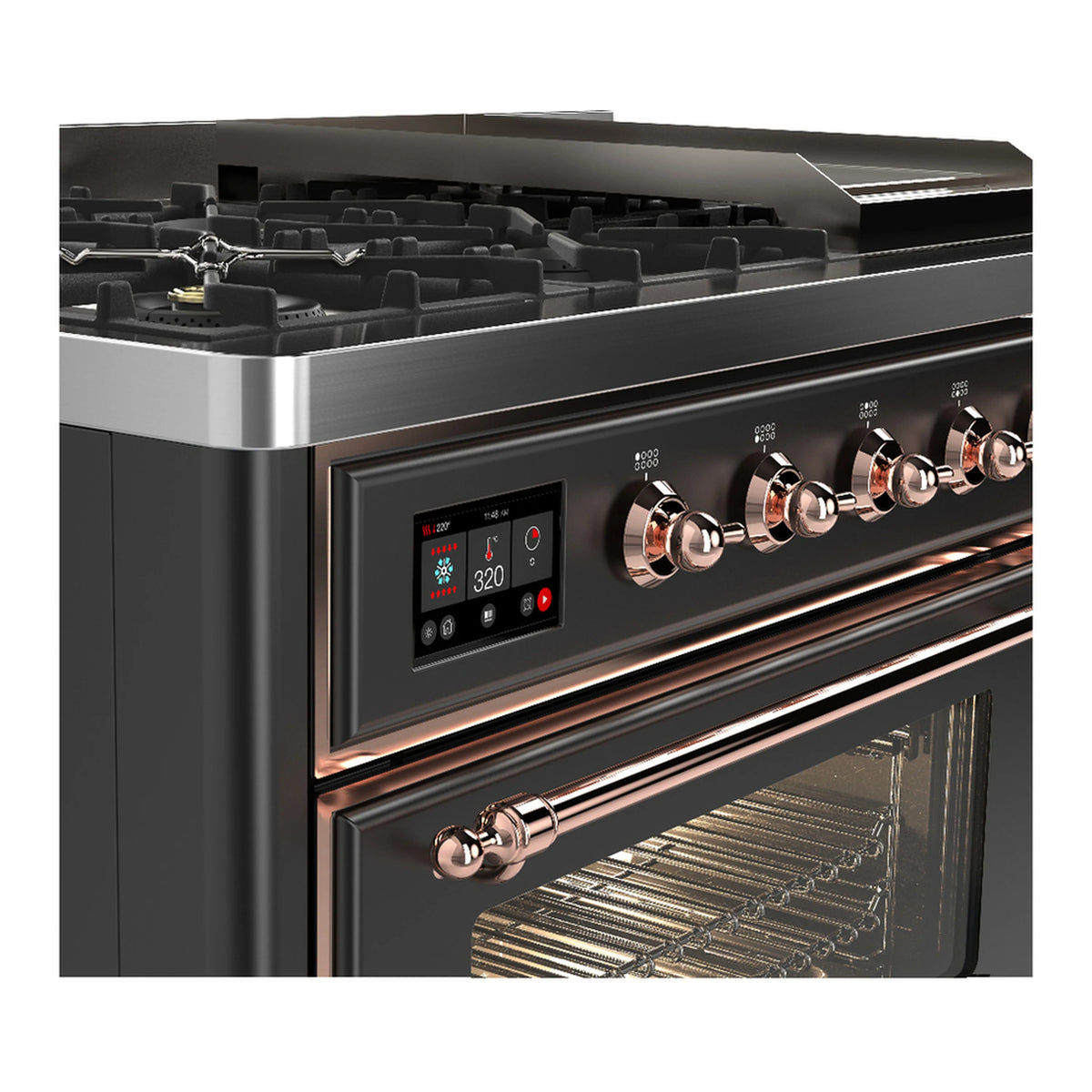 ILVE graphite dual fuel range control panel with copper knobs and digital display