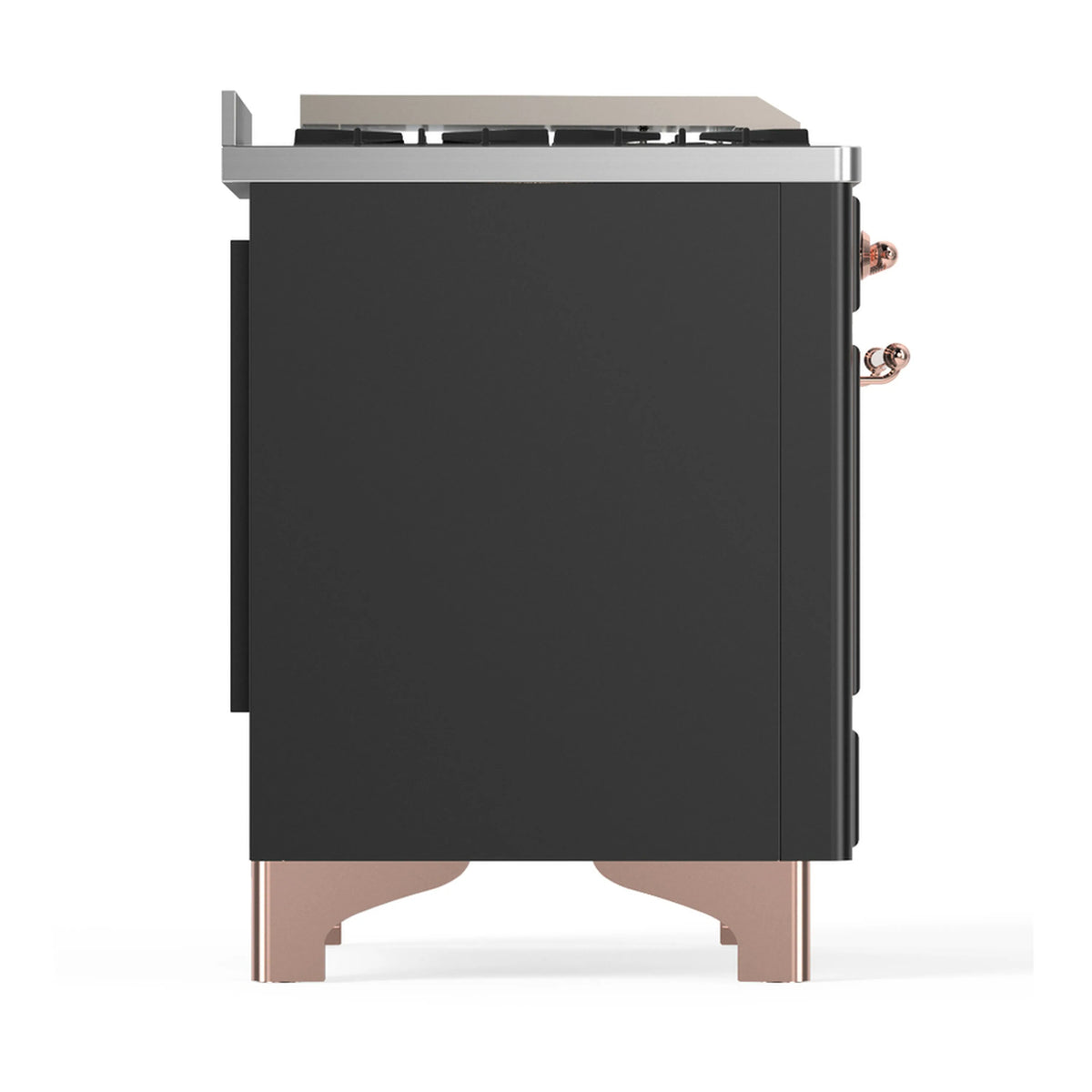 ILVE graphite dual fuel range back panel with copper side trim and vented rear