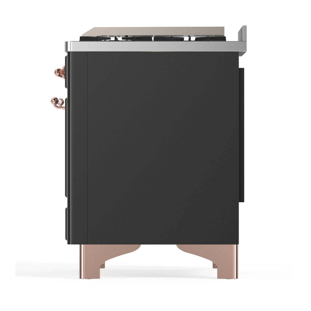 ILVE graphite dual fuel range rear view with copper trim feet and rear connections