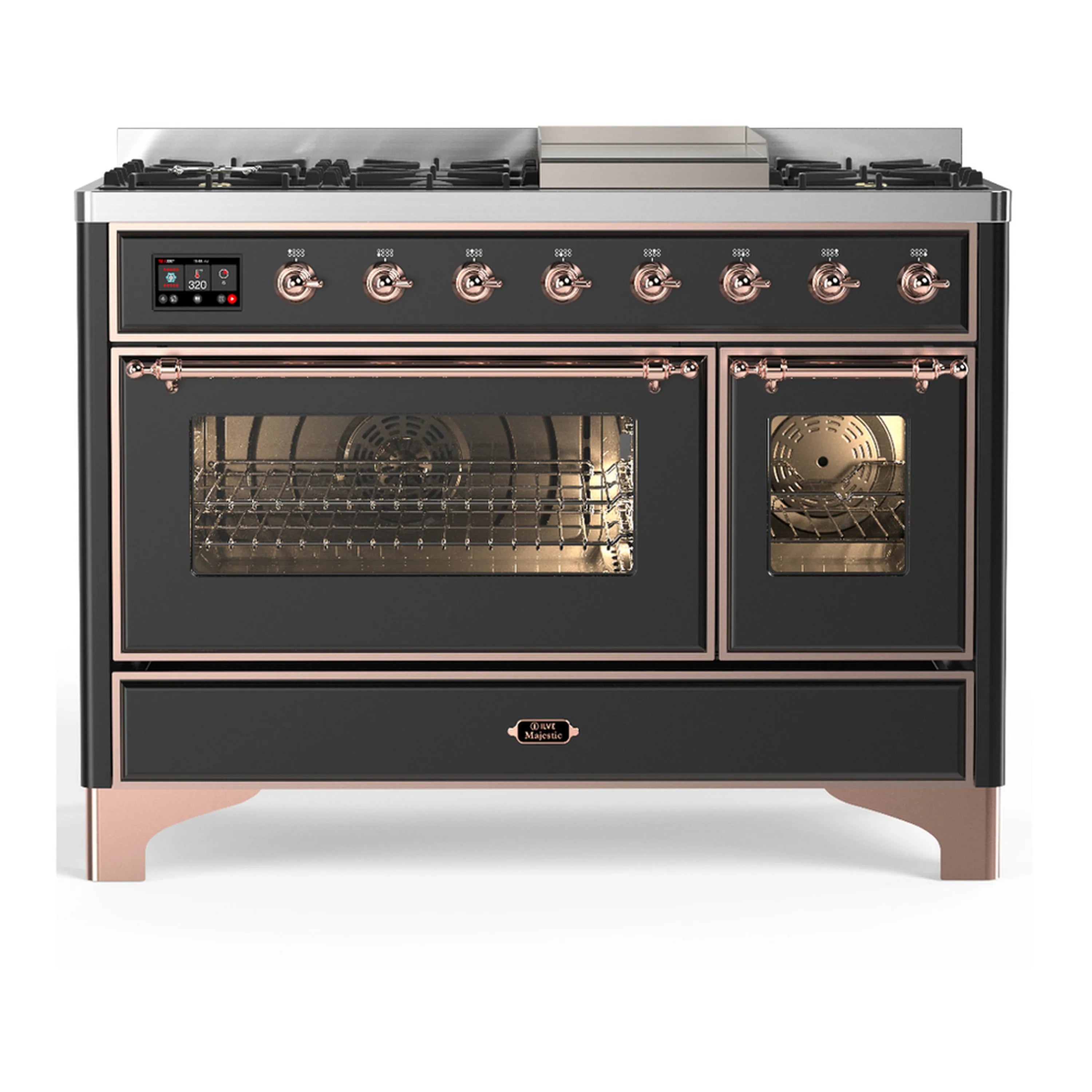 ILVE graphite dual fuel range with oven trays and interior lighting in main and side ovens