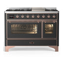 ILVE Majestic III 48-inch Dual Fuel Range with 5 Liquid Propane Burner, Griddle and Triple Glass Door Electric Oven in Graphite Matte with Copper Trim (UM48FNR3MGPLP)