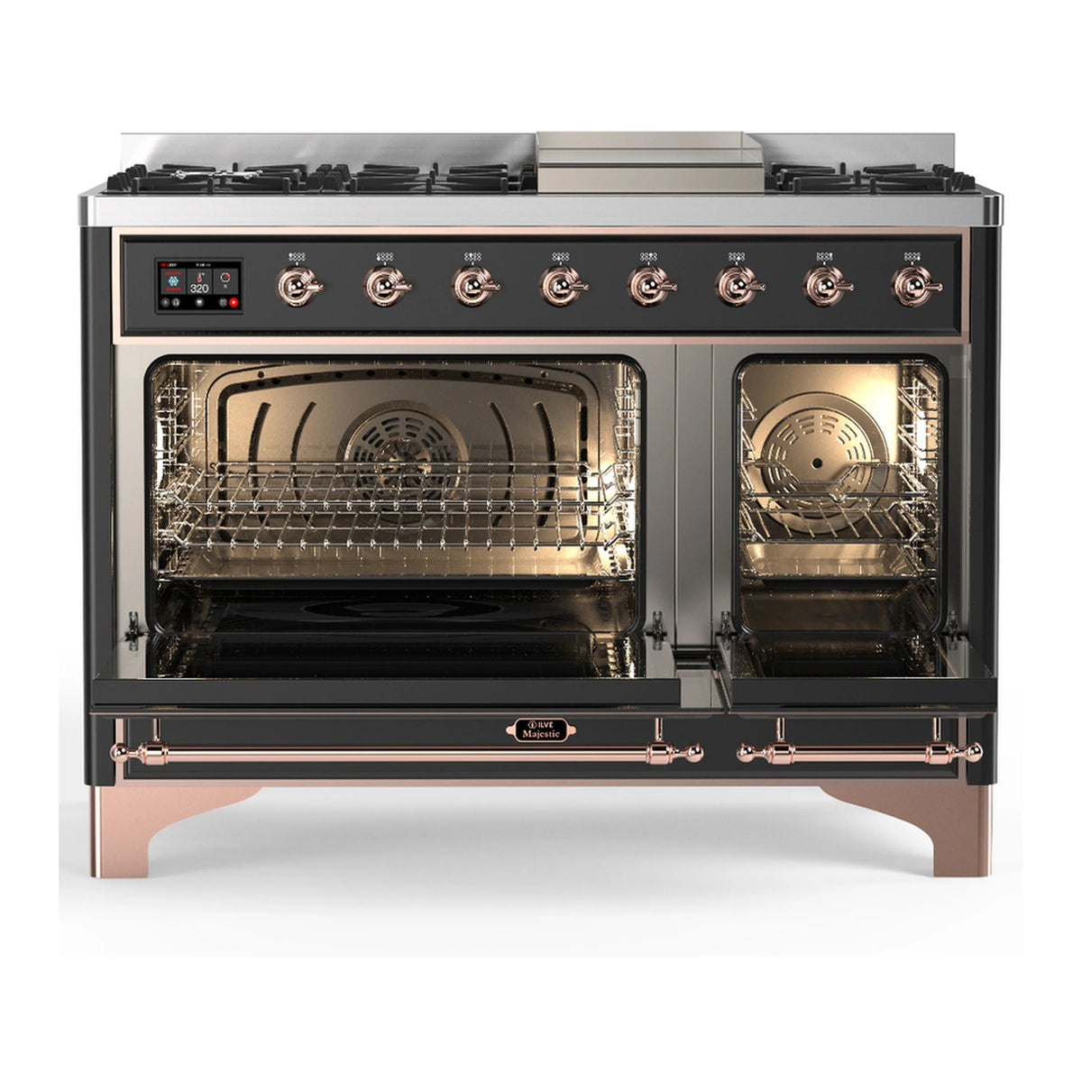 ILVE graphite dual fuel range front view with both ovens open and racks inside