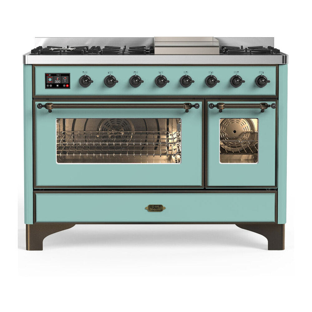 ILVE Majestic III 48-inch Dual Fuel Range with 5 Natural Gas Burner, Griddle and Triple Glass Door Electric Oven in Mediterranean Mint with Burnished Trim (UM48FNR3MMB)