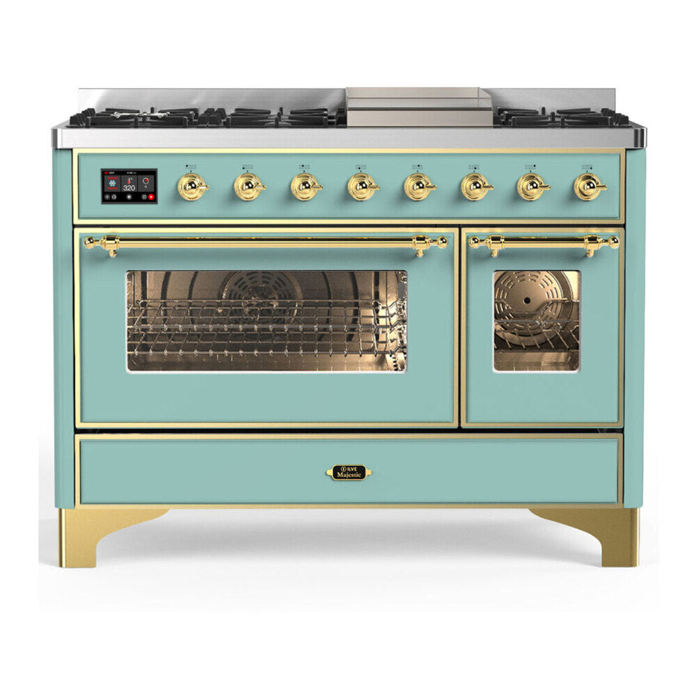 ILVE Majestic III 48-inch Dual Fuel Range with 5 Liquid Propane Burner, Griddle and Triple Glass Door Electric Oven in Mediterranean Mint with Brass Trim (UM48FNR3MMGLP)