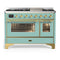 ILVE Majestic III 48-inch Dual Fuel Range with 5 Liquid Propane Burner, Griddle and Triple Glass Door Electric Oven in Mediterranean Mint with Brass Trim (UM48FNR3MMGLP)