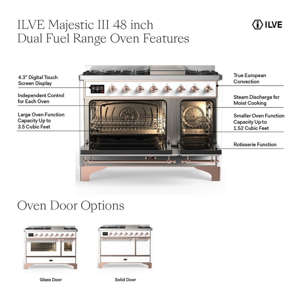 ILVE dual fuel range with Mediterranean mint doors, open ovens, and stainless interior