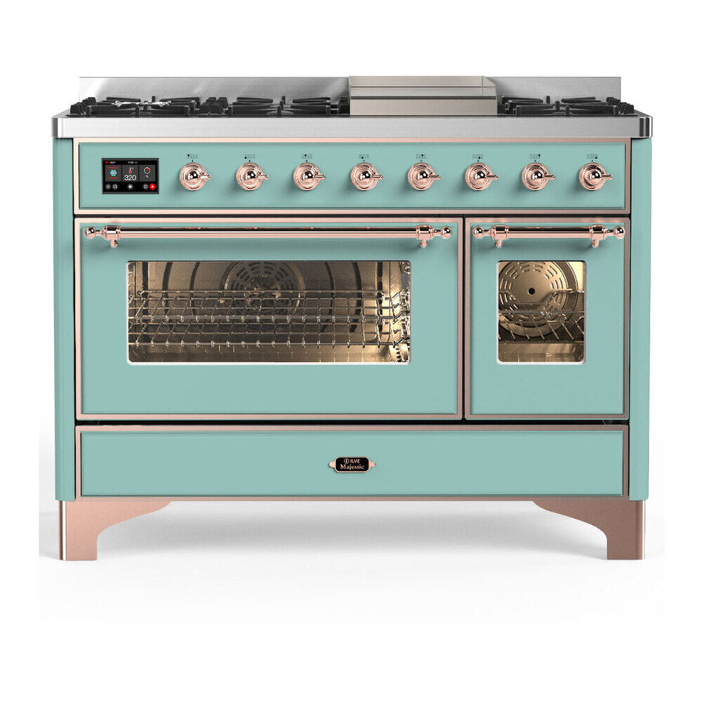 ILVE Majestic III 48-inch Dual Fuel Range with 5 Liquid Propane Burner, Griddle and Triple Glass Door Electric Oven in Mediterranean Mint with Copper Trim (UM48FNR3MMPLP)