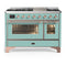 ILVE Majestic III 48-inch Dual Fuel Range with 5 Liquid Propane Burner, Griddle and Triple Glass Door Electric Oven in Mediterranean Mint with Copper Trim (UM48FNR3MMPLP)