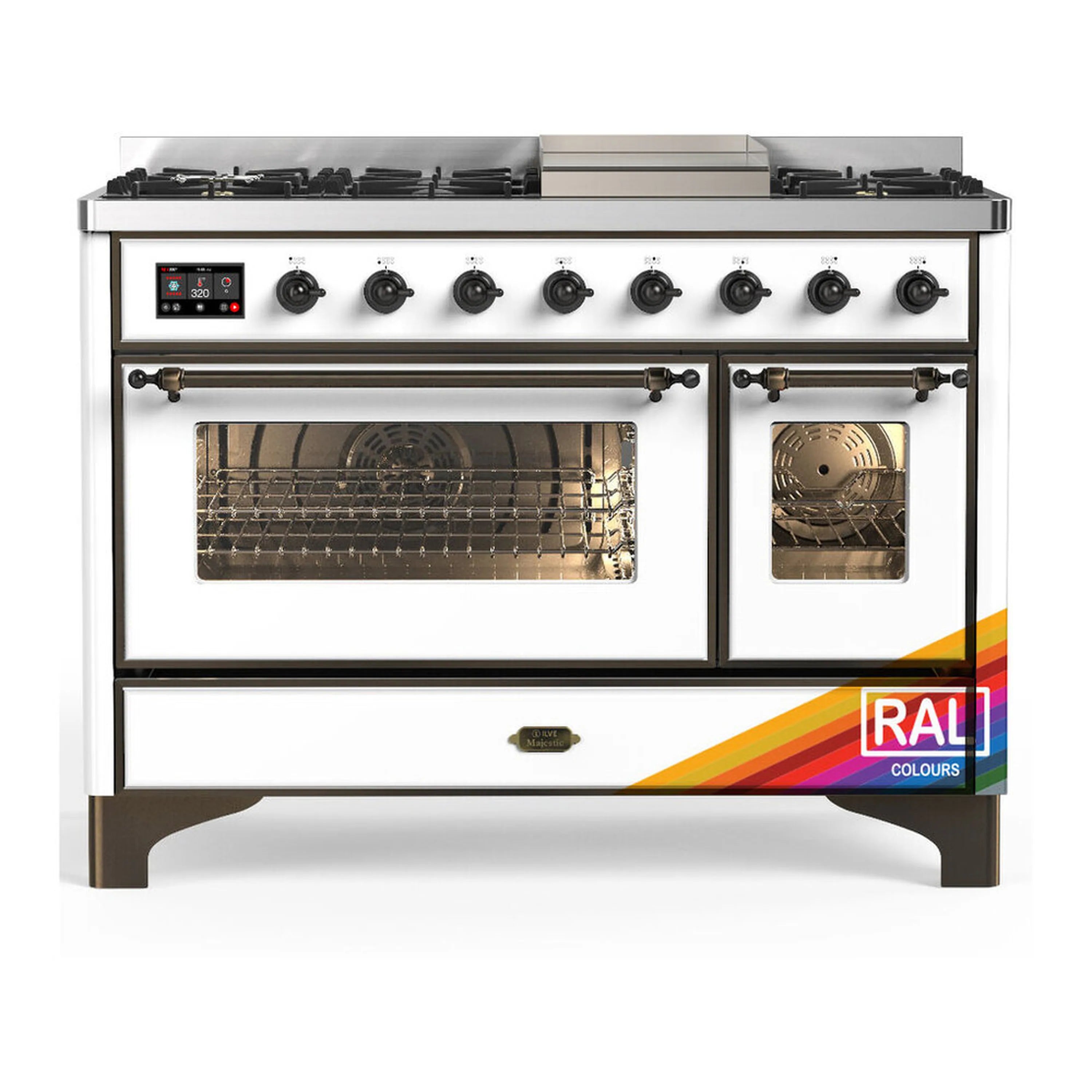 White dual fuel range with five natural gas burners, griddle, and triple glass ovens