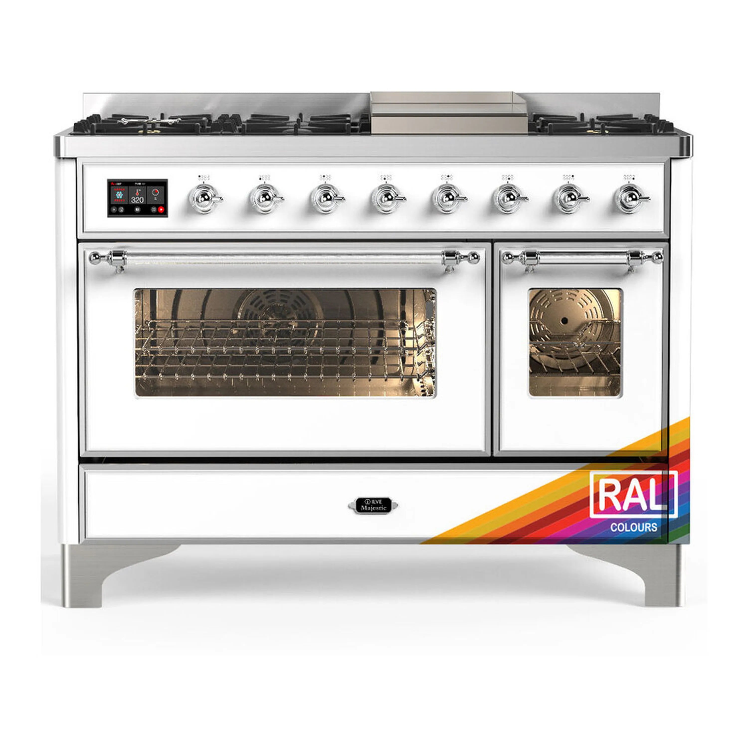 ILVE Majestic III dual fuel range with chrome trim, 5 gas burners, griddle, triple-glass ovens