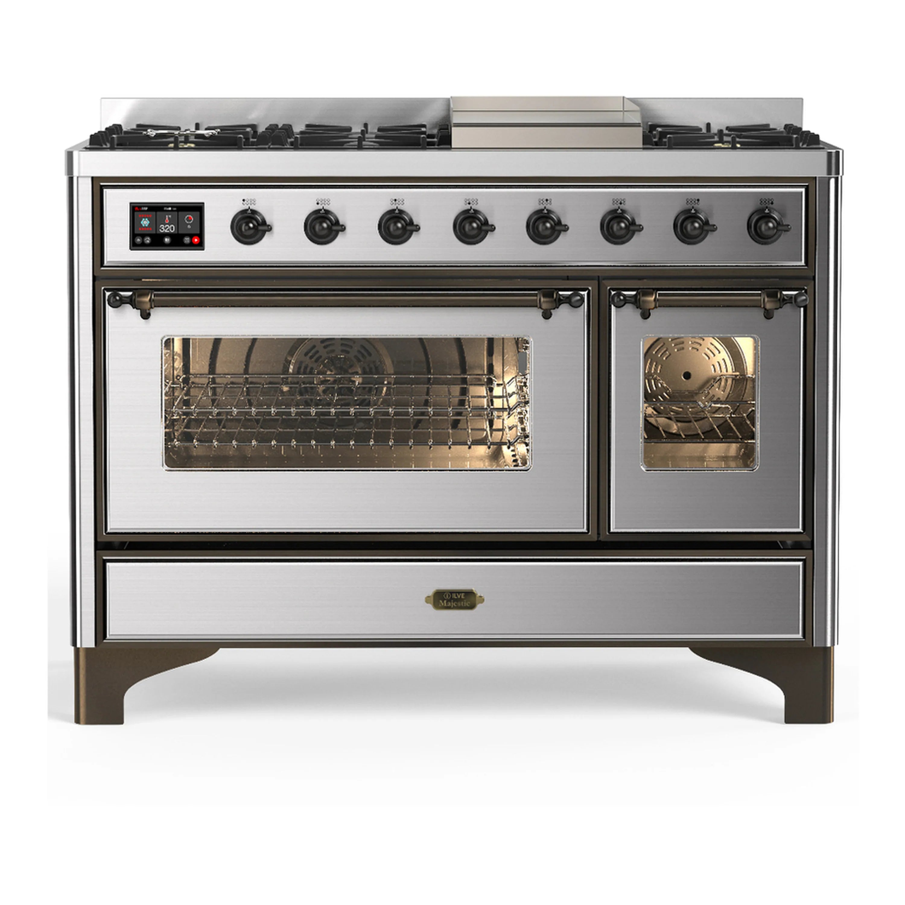 Stainless steel dual fuel range with both oven doors open, burner grates and front control panel