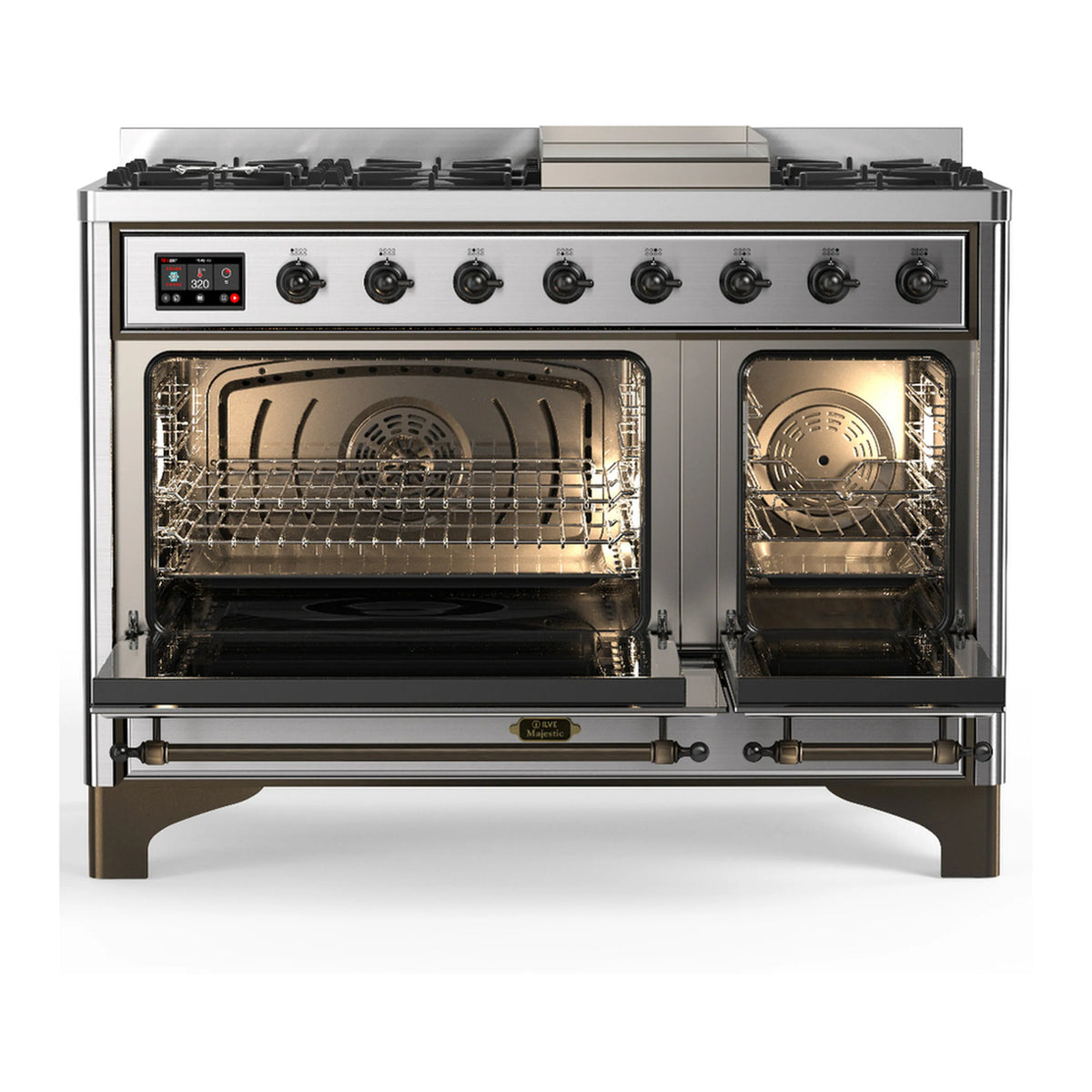 Stainless steel dual fuel range with open ovens, grates on top and control panel at front