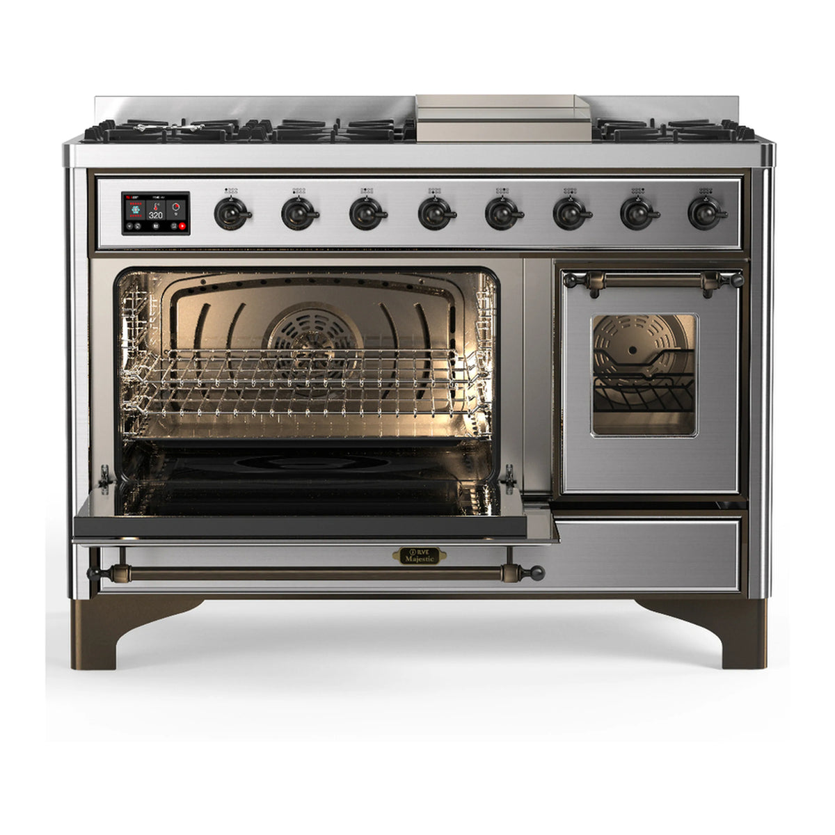 Stainless steel dual fuel range with one oven open and cooking grates on top, front control panel