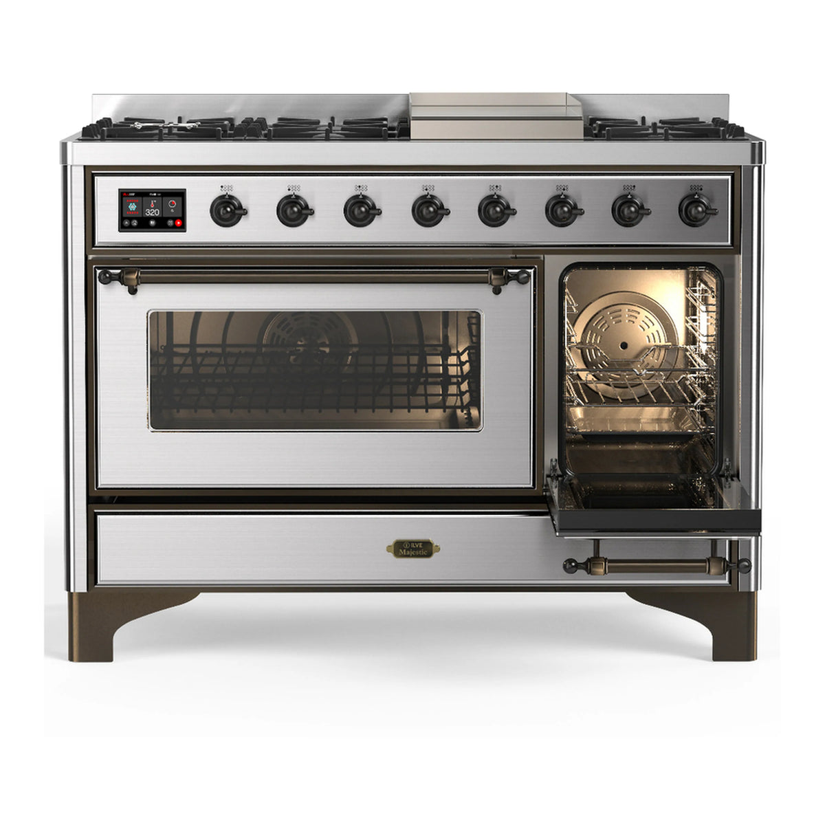 Stainless steel dual fuel range with oven door window and right oven open, top burner grates
