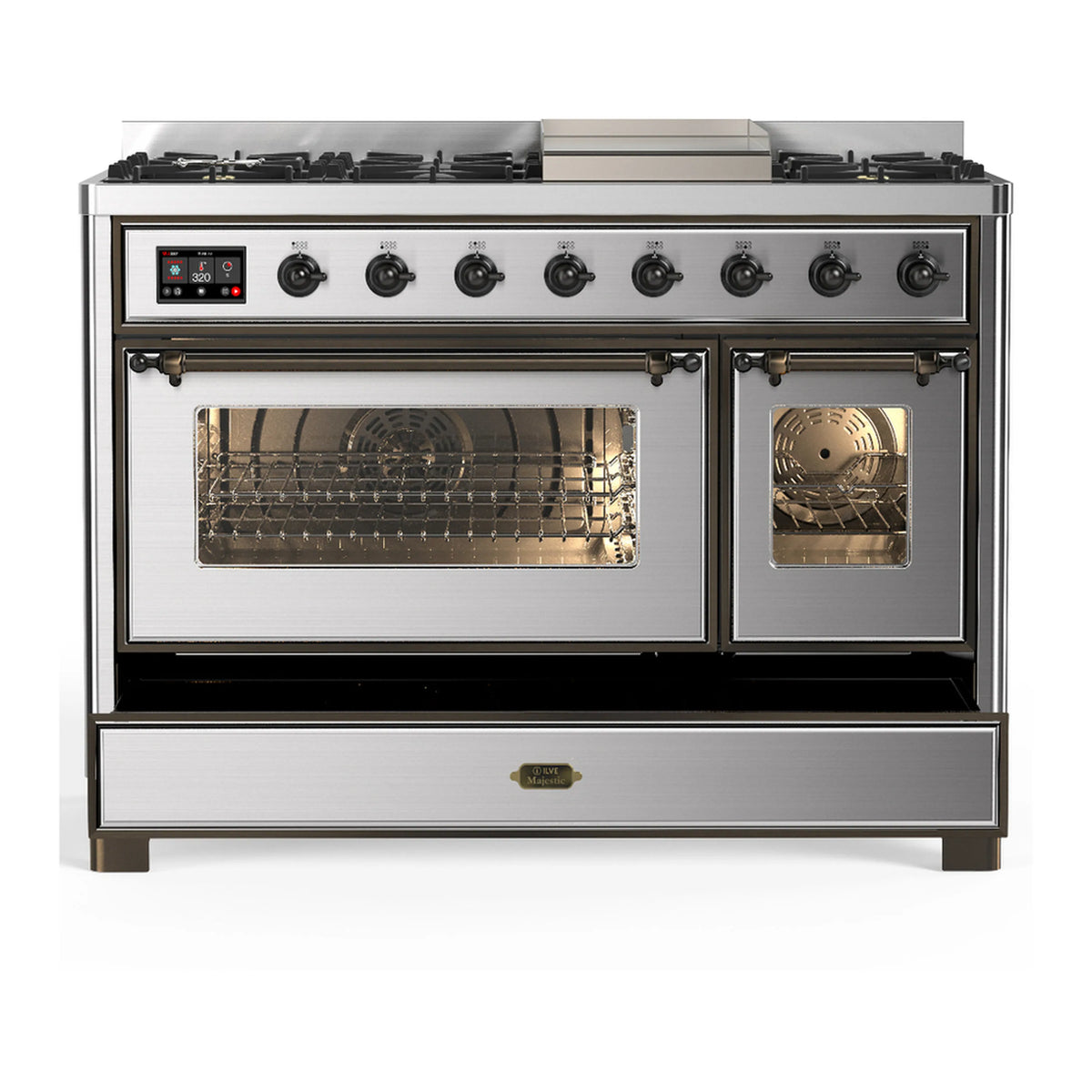 Stainless steel dual fuel range with closed oven doors, burner grates on top and front control panel