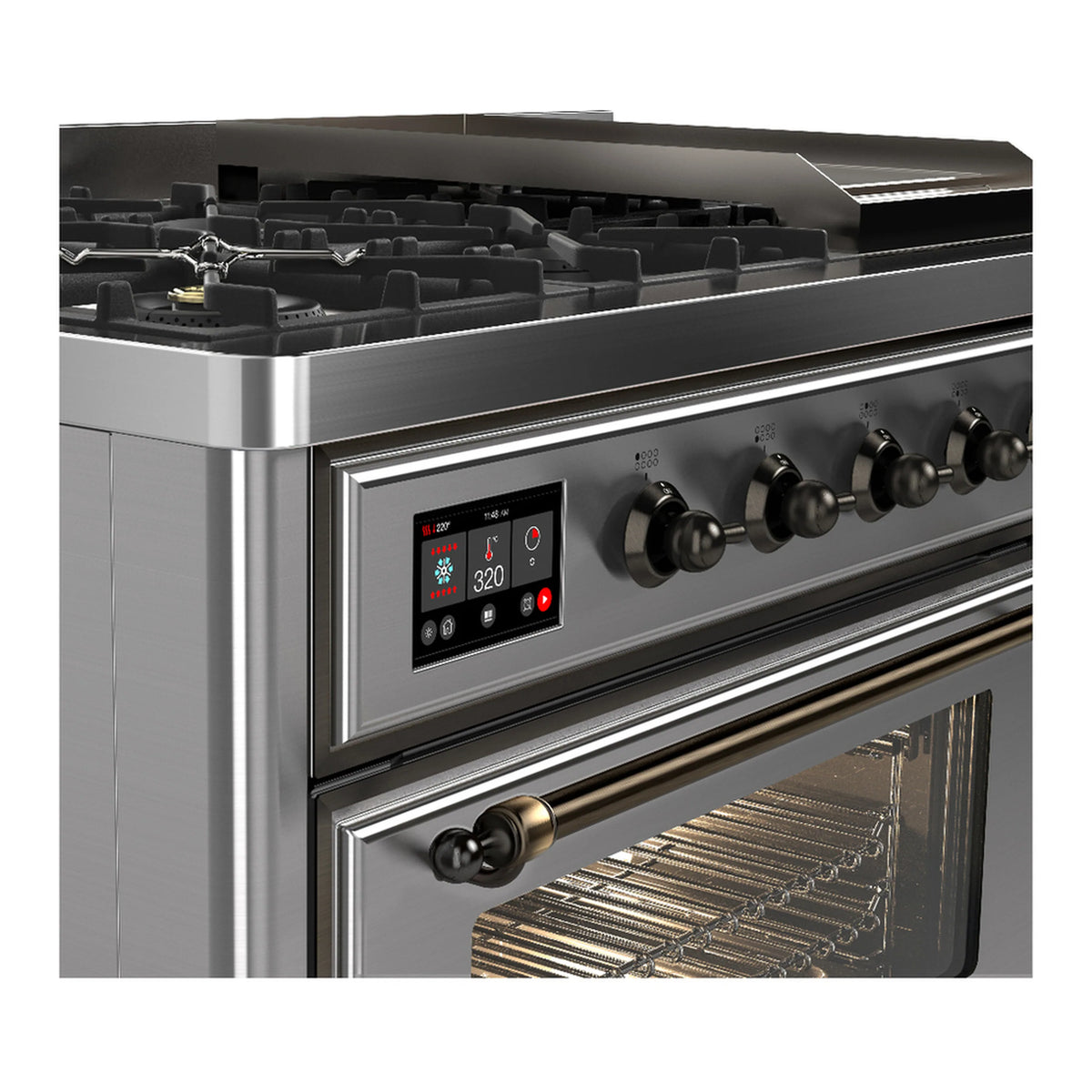 Stainless steel dual fuel range control knobs and digital display above oven door window