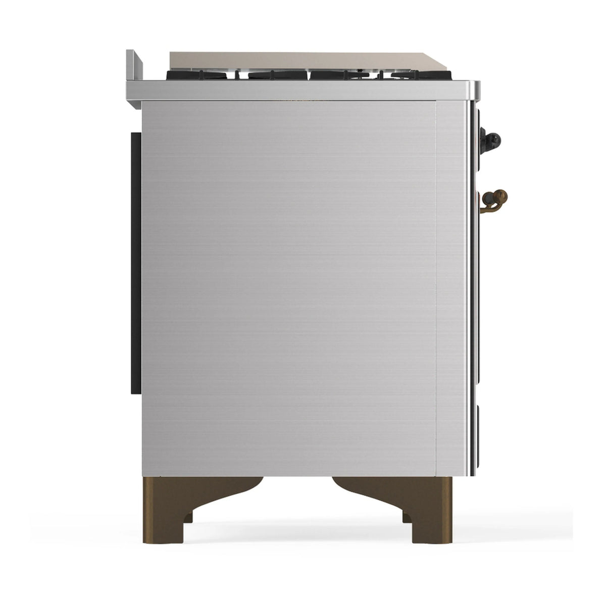 Stainless steel dual fuel range side view with control trim and warm bronze-colored feet