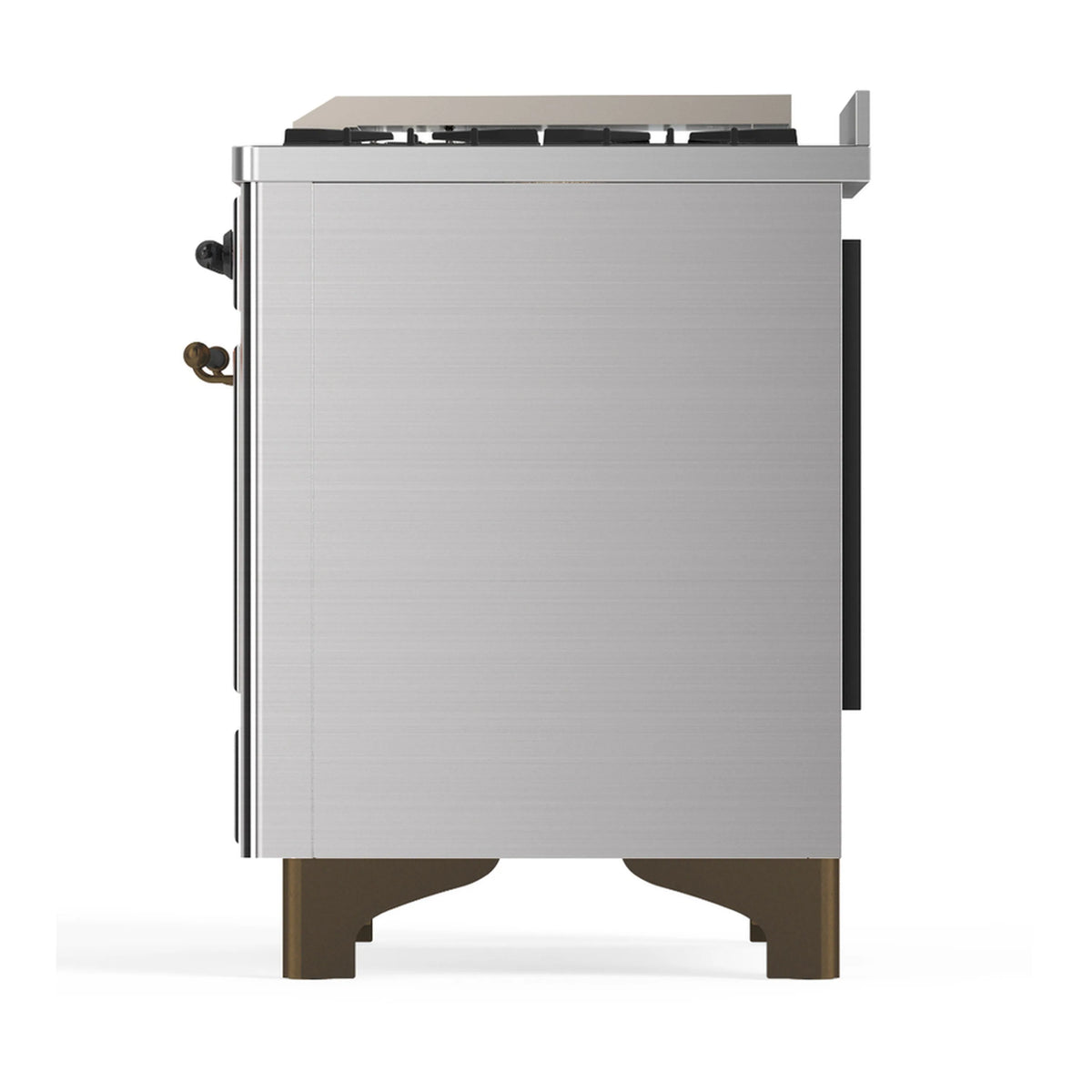Stainless steel dual fuel range rear side view showing brushed panels and bronze-colored legs