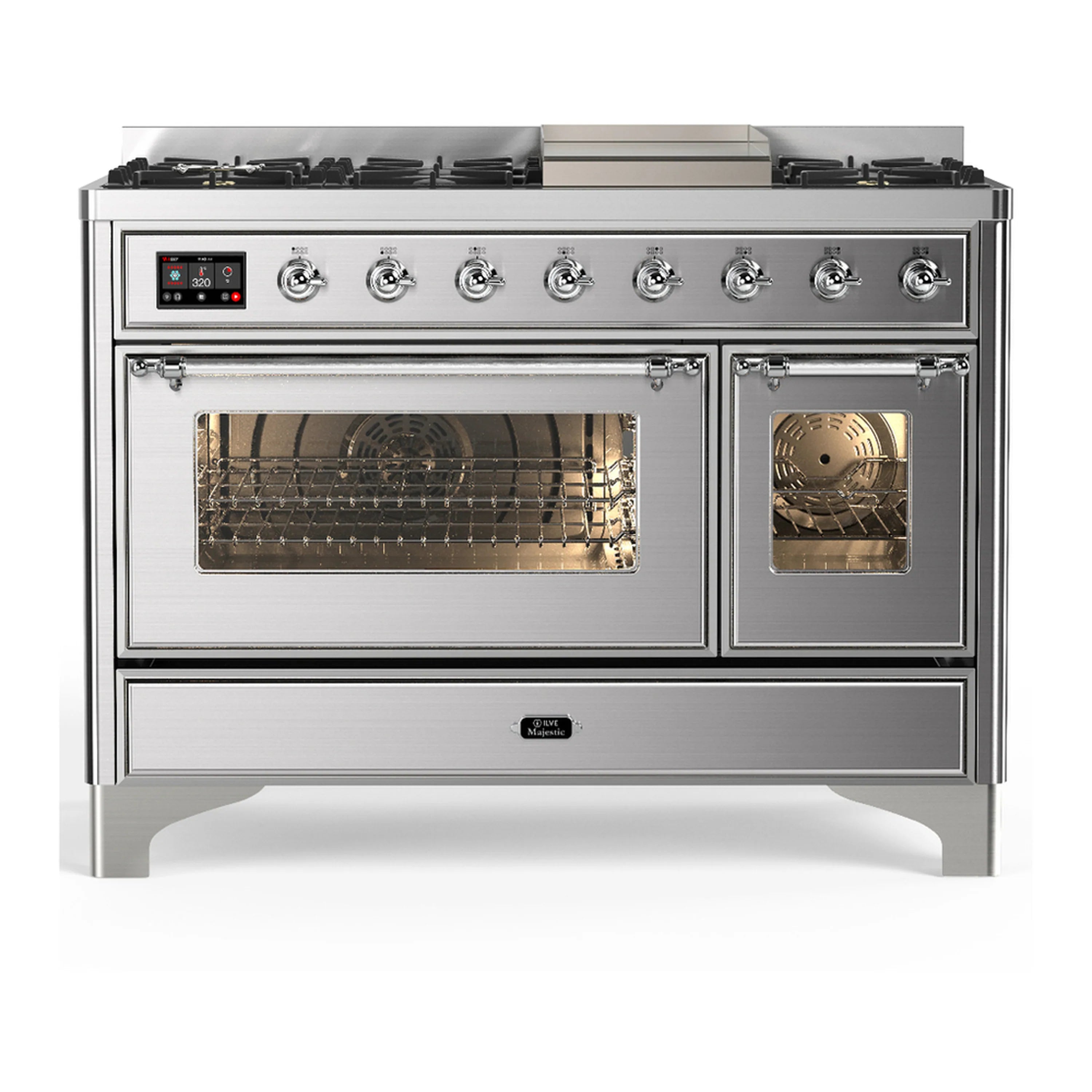 Stainless steel dual fuel range with two glass oven doors and chrome front trim