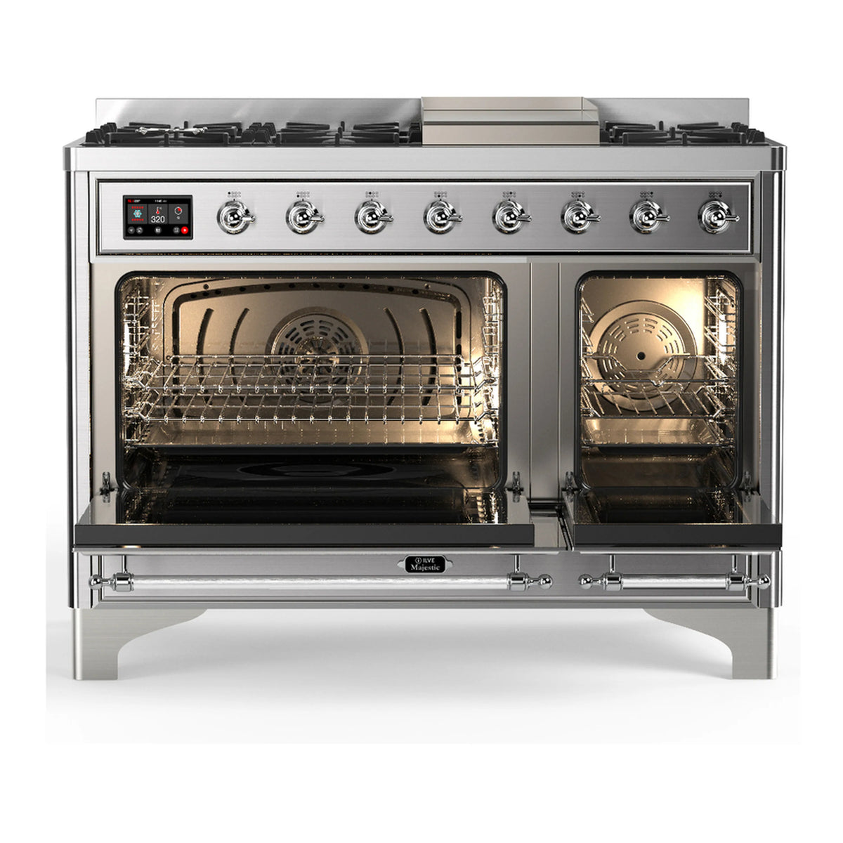 Stainless steel dual fuel range with open oven doors and front control knobs