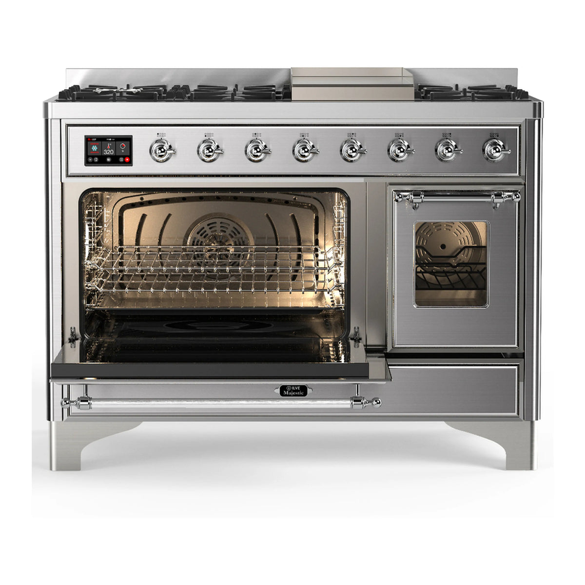 Stainless steel dual fuel range with one oven door closed and one open, front controls