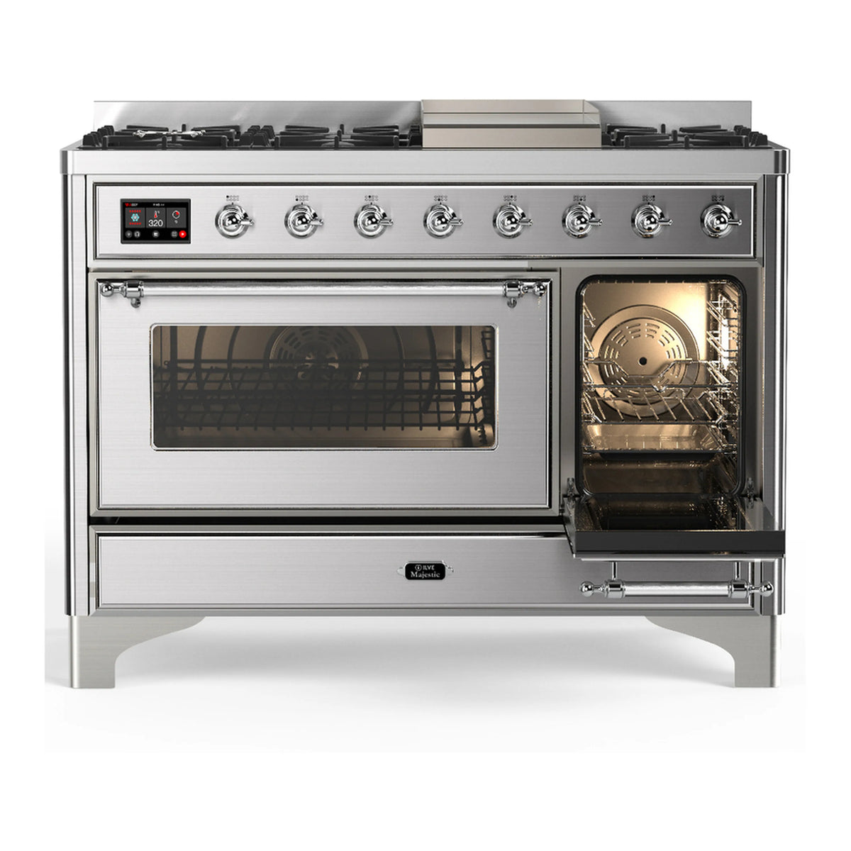 Stainless steel dual fuel range with two glass oven doors and front control panel