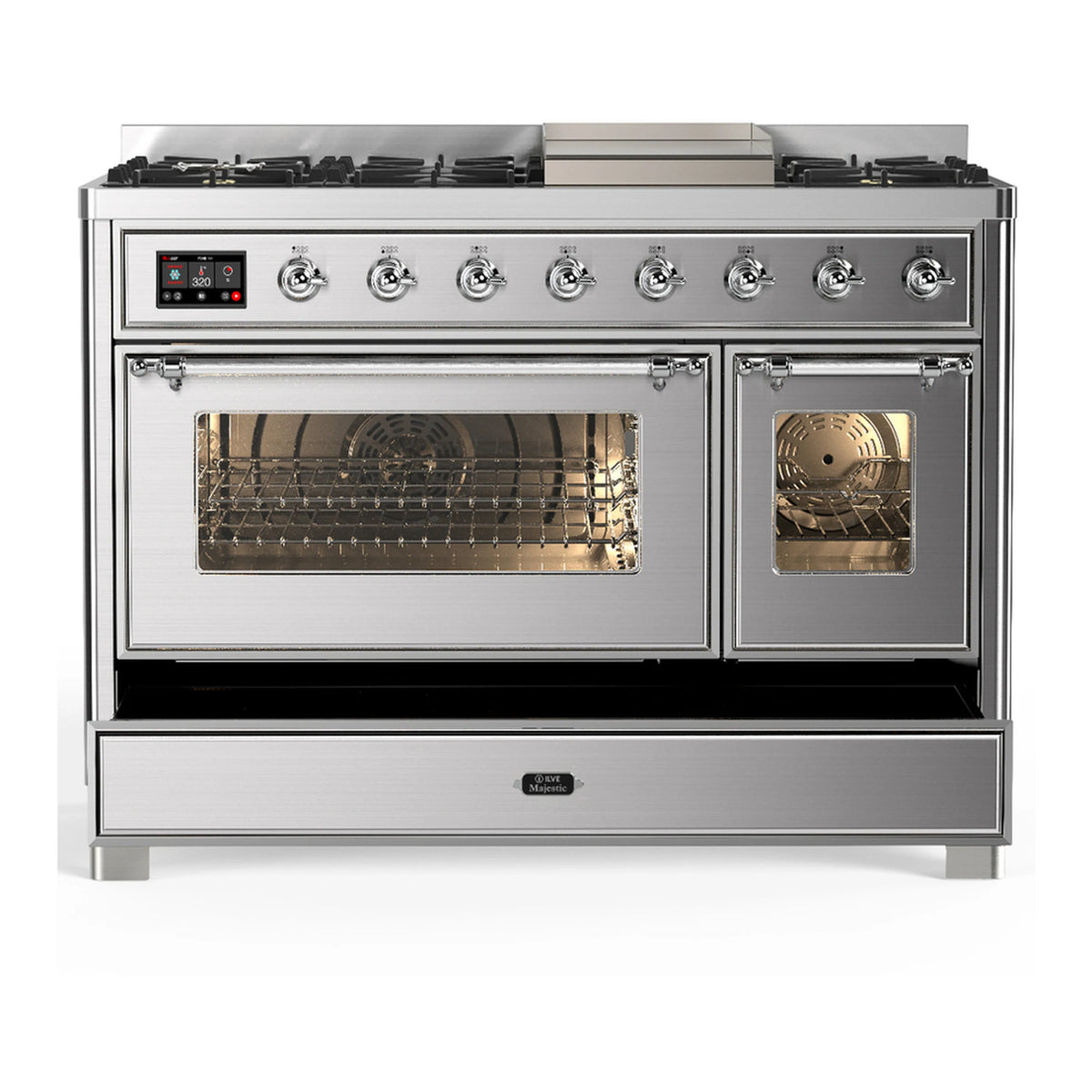 Stainless steel dual fuel range with lit oven interior through glass doors and chrome trim