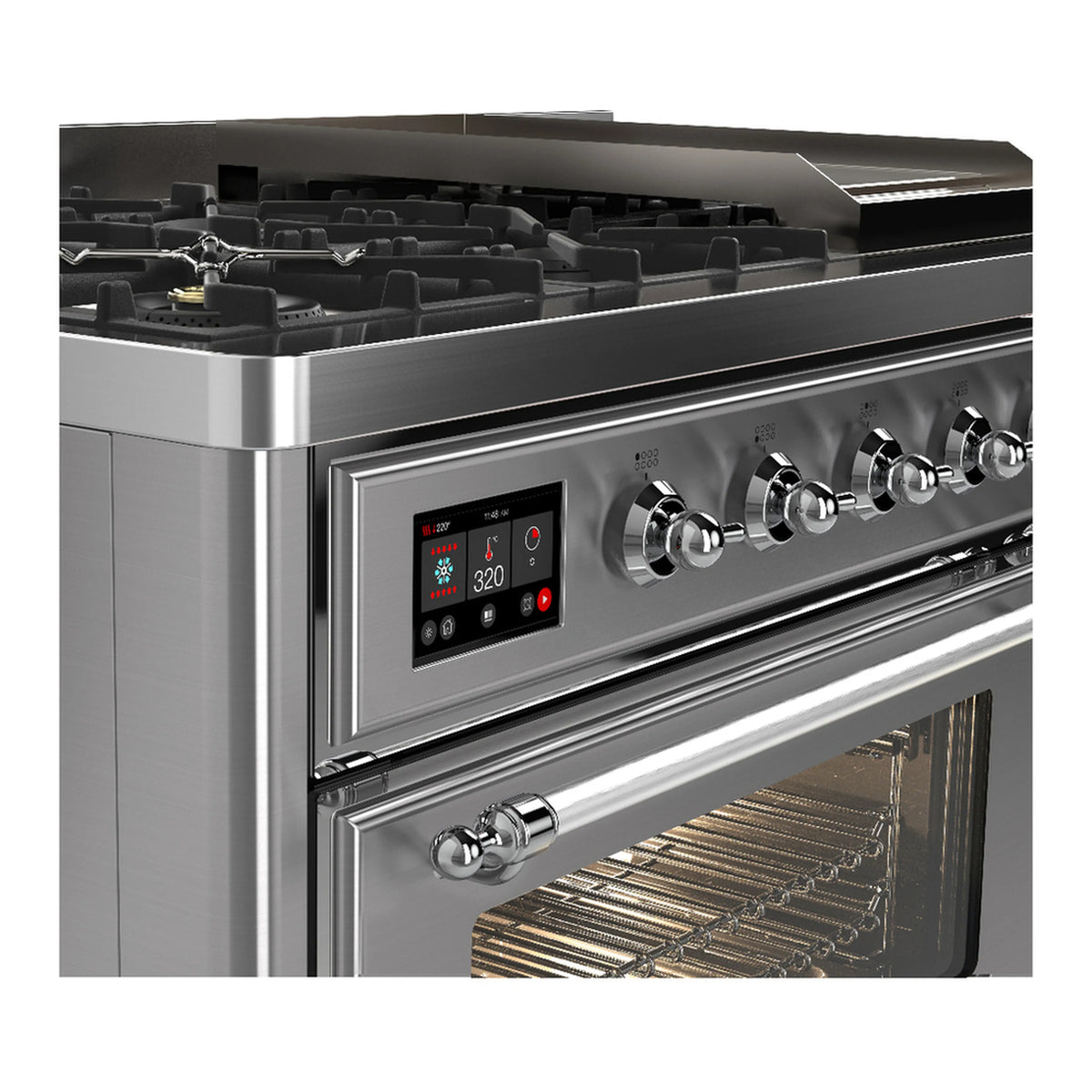 Stainless steel control panel with chrome knobs and illuminated oven rack