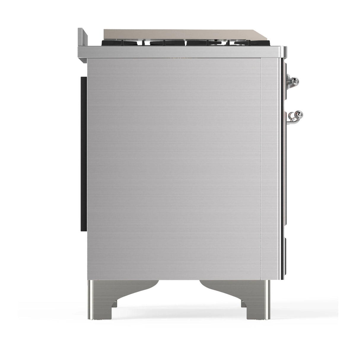 Stainless steel dual fuel range side view with rear controls and chrome-trim accents