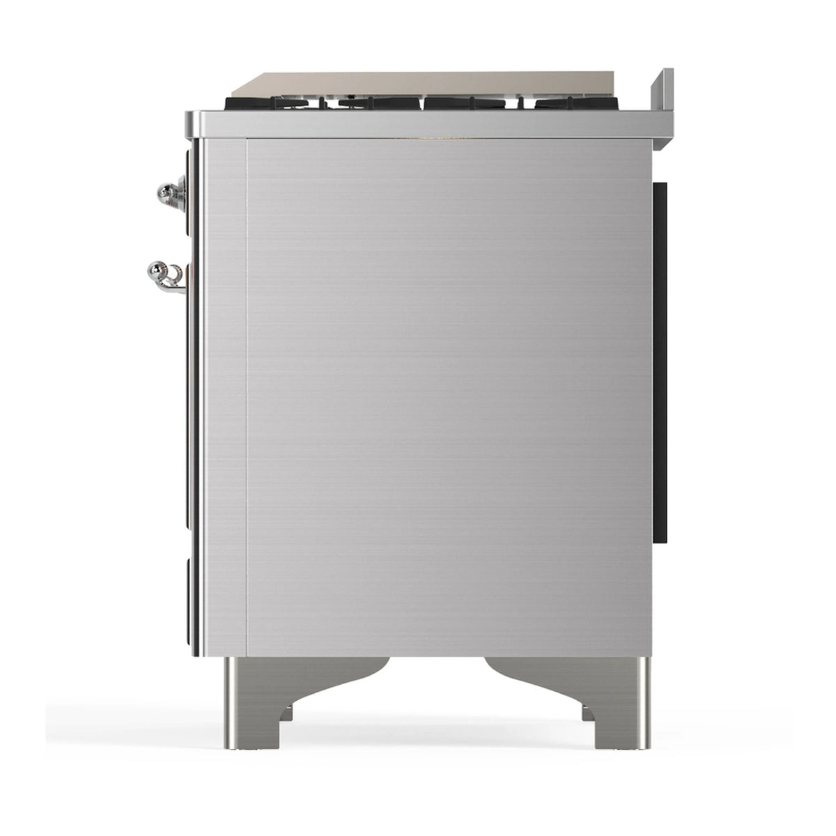 Stainless steel dual fuel range rear side view with side handle and leveling legs