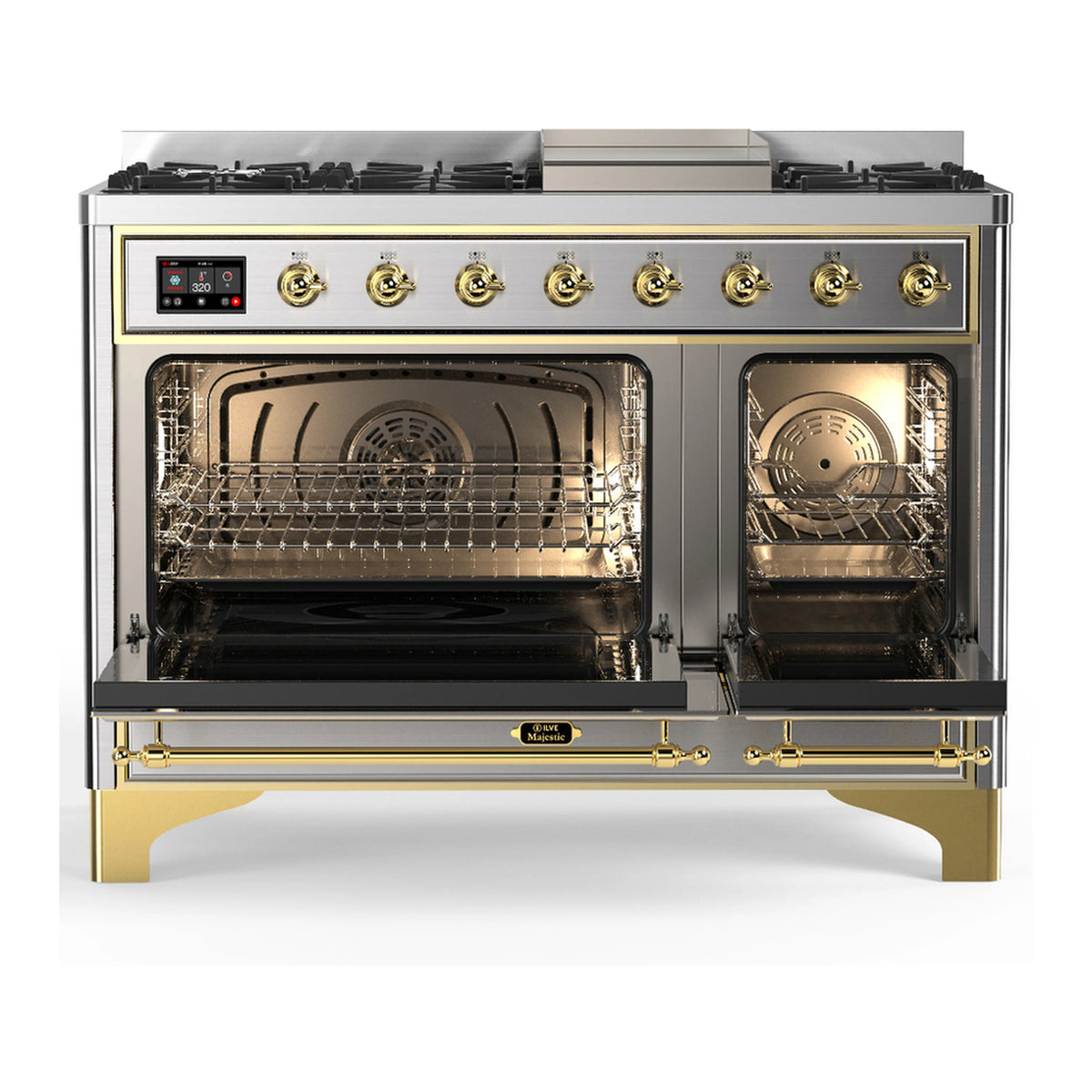 Stainless steel dual fuel range with both oven doors open, brass trim, and illuminated interior