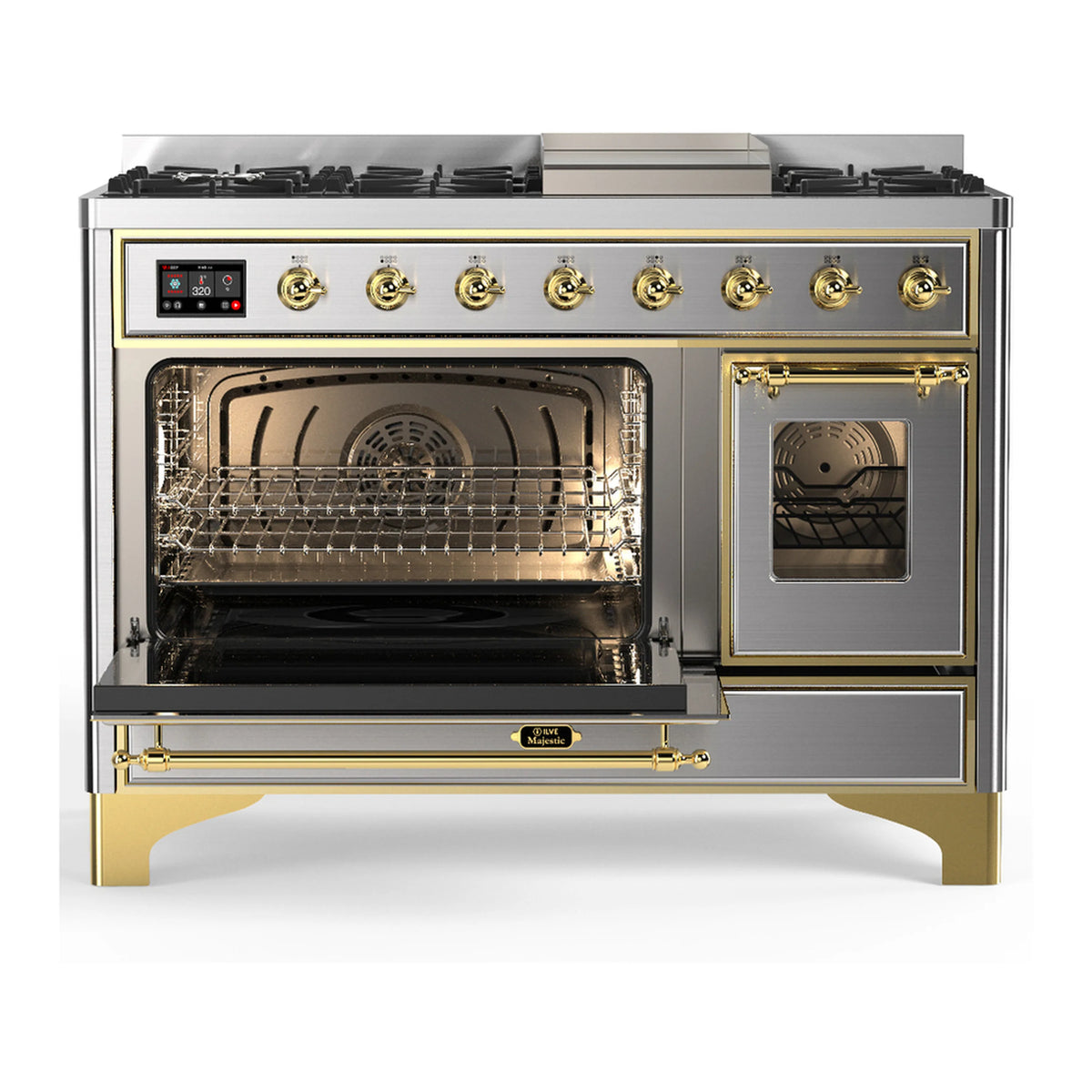 Stainless steel dual fuel range with open oven door, brass trim, and glass window front