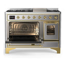 ILVE Majestic III 48-inch Dual Fuel Range with 5 Natural Gas Burner, Griddle and Triple Glass Door Electric Oven in Stainless Steel with Brass Trim (UM48FNR3SSG)