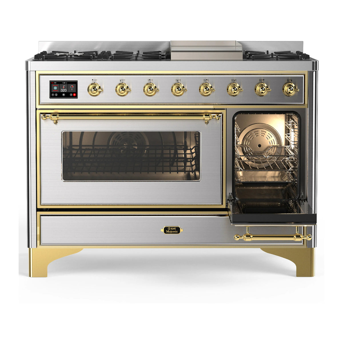 Stainless steel dual fuel range with brass handles, dual glass oven doors, and control panel